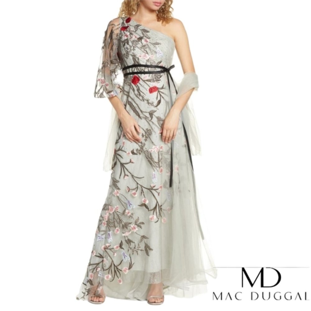 Mac Duggal #20124D One Shoulder Floral Embroidered Lace Formal Gown Size 4